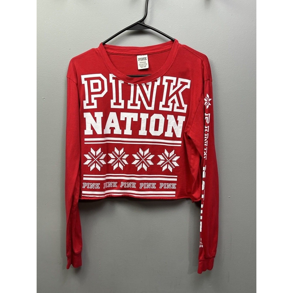 PINK Victoria's Secret Shirt Womens Small Red PINK NATION Holiday Crop Top